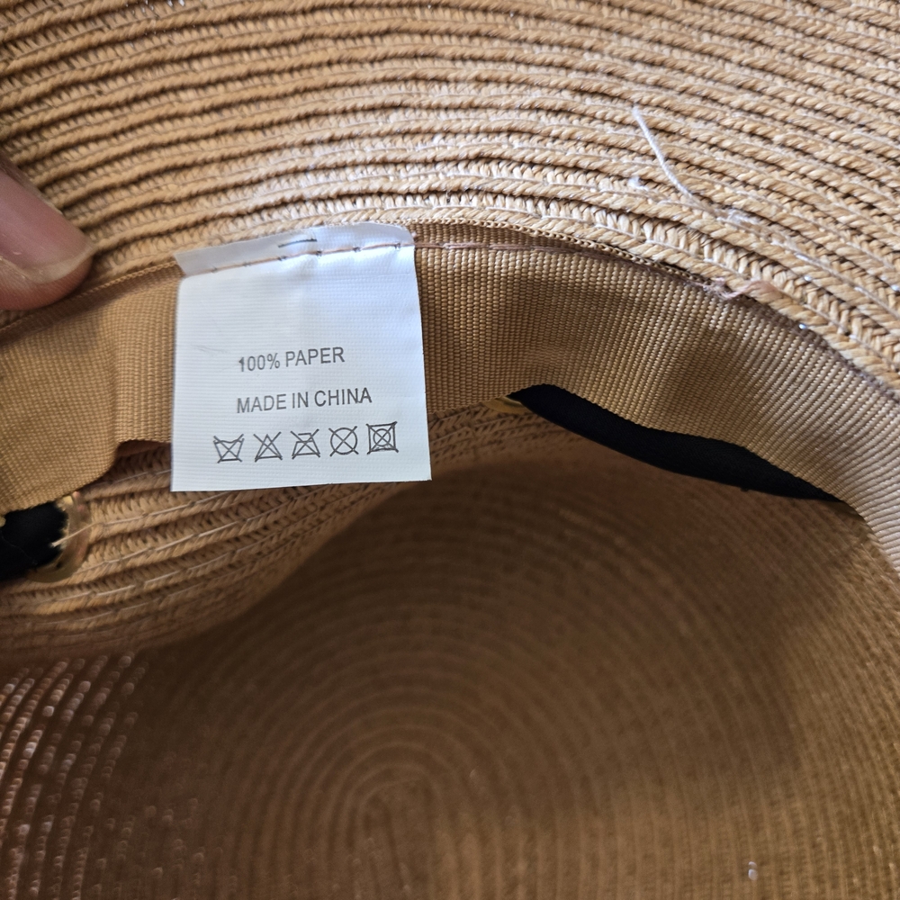 Elegant Tan Sun Hat with Black Ribbon 100 % Paper - Picture 5 of 8